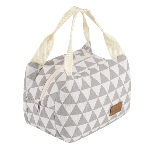 Bolsa térmica reutilizável para almoço, com características práticas e convenientes. Tecido elegante e estampa triangular multicolorida, ideal 2