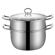 Stainless Steel Steamer Pot with Glass Lid, DoubleLayer Stockpot for Vegetables, Seafood and Noodles