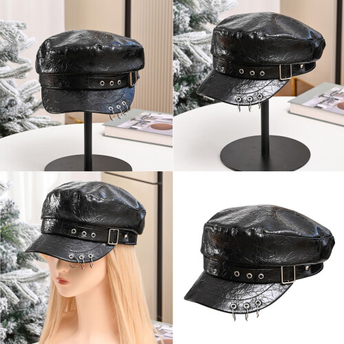 Gothic PU Leather Beret Hat vintage Unisex Design-brown 2