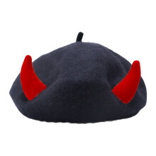 Devil Horn Beret Hat Winter Warm Headwear For-Black red horn