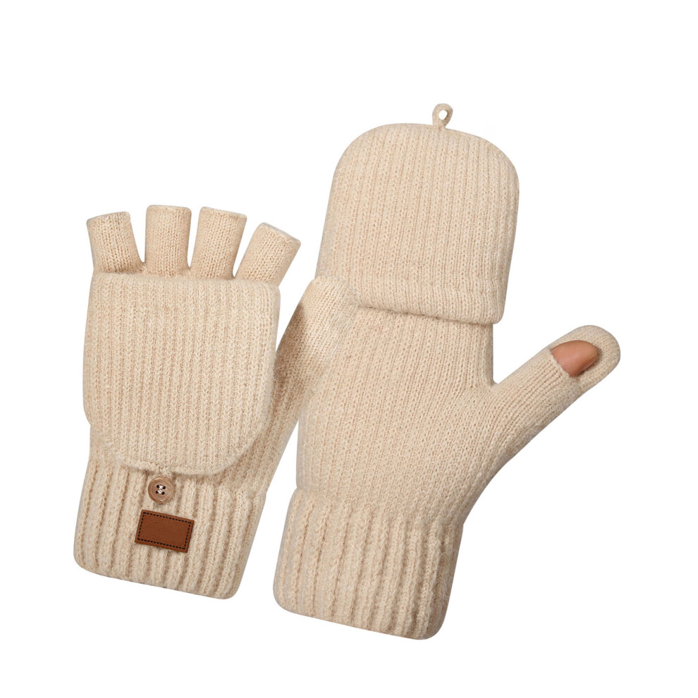 Beige Women Half Finger Winter Gloves Thickened Insulated