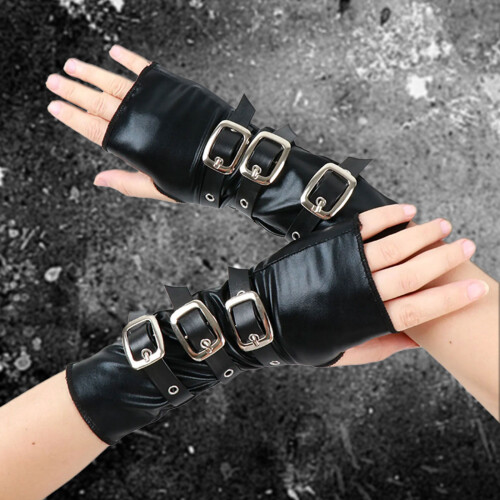 Punk Fingerless Gloves Breathable PU Leather Adjustable-Black 1