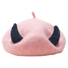 Woolen Beret Hat Devil Horn Octagonal Cap-Pink black horn