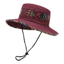 Cotton Blend Fisherman Hat Foldable Ethnic Pattern-Wine red