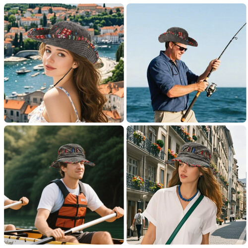 Cotton Blend Fisherman Hat Foldable Ethnic Pattern-Wine red 2