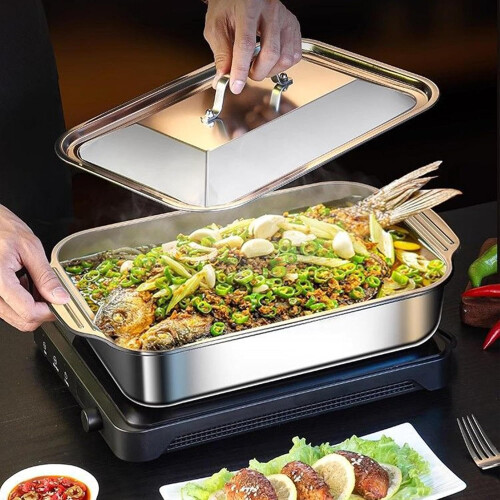 Stainless Steel Baking Pan with Lid and Handle, Rectangular Oven Safe Dish for Cake Bread Lasagna Pizza 2