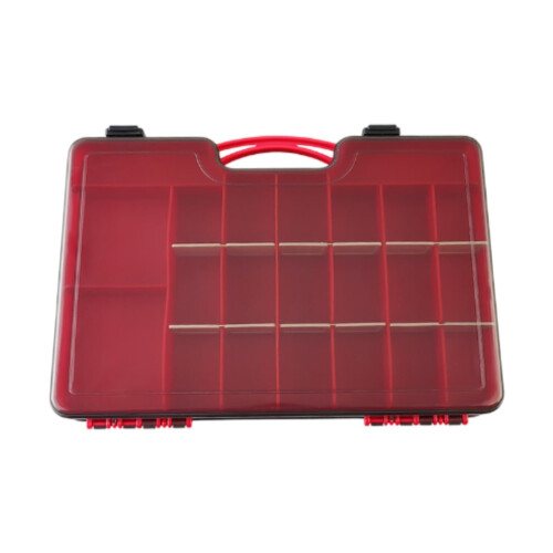 Fischerbox storage box housing with a removable divider container, red