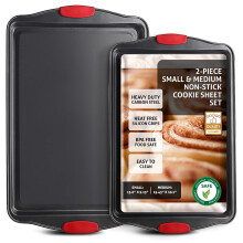 Cookie Sheet Set of 2 Nonstick Steel Baking Pans with Silicone Handles for Oven, Small & Medium Black