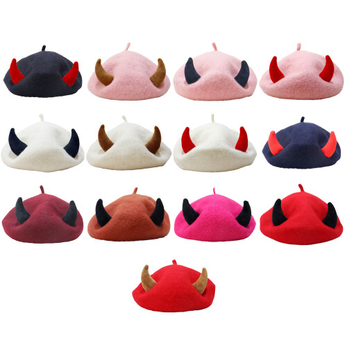 Warmth Devil Horn Beret Hat Painter Hat For-Rose red black horn 2