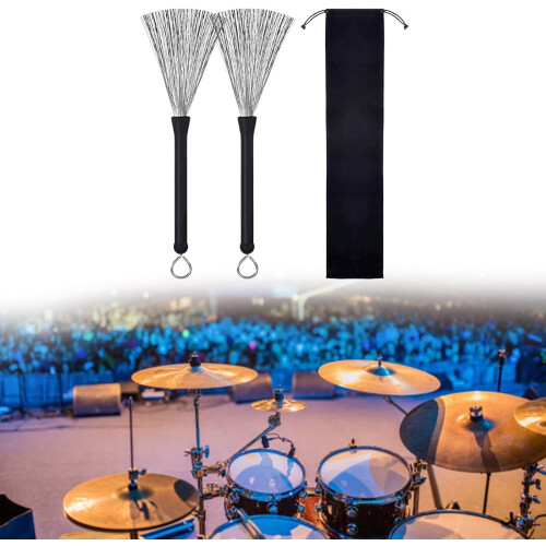 Retractable Drum Wire Brushes Pair with Ergonomic Grip and Loop End for Jazz Drum Set 1