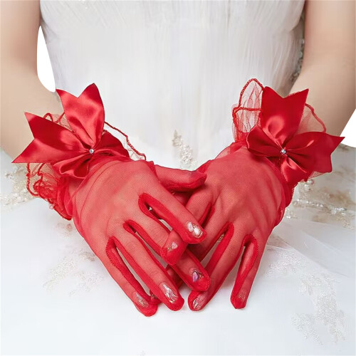 Lace Bowknot Trim Gloves for Bride Wedding Accessories-Red