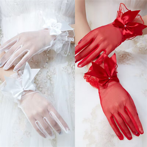 Lace Bowknot Trim Gloves for Bride Wedding Accessories-Red 1
