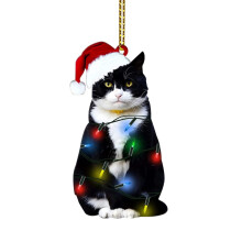 Christmas Tree Black Cat Pendant, 2D Acrylic Christmas Pendant, Hanging Decoration