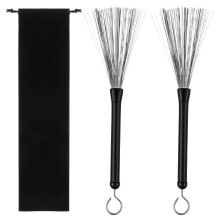 Drum Brushes Set of 2 Retractable Wire with Rubber Handles for Jazz Rock Folk Drummers and Velvet Bag