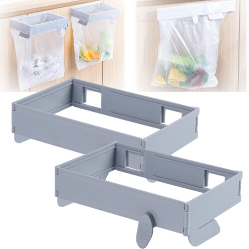 Wall Mounted Foldable Trash Bag Holder with Lid, No Drill Kitchen Waste Rack, 2 Pack Gray