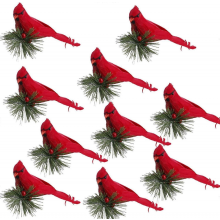 10 Stück rote Kardinäle zum Anclipsen als Weihnachtsbaumschmuck, künstliche Vögel mit Tannenzweigen für die Weihnachtsdekoration
