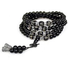 6 mm schwarzer Obsidian, 108 buddhistische Gebetsperlen (Mala) mit Tigerauge