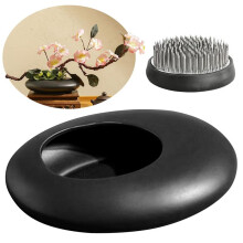Sentimental Ceramic Vase Set,Pebble Shaped Flower Arrangement Bowl with 2Inch Flower Frog Pin Frog Stem Holder Black