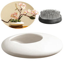 Sentimental Ceramic Vase Set,Pebble Shaped Flower Arrangement Bowl with 2Inch Flower Frog Pin Frog Stem Holder White