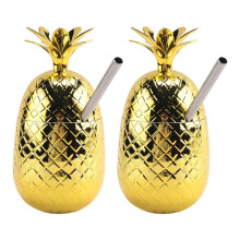 2 Pack Pineapples Drink Cups, 450Ml Gold Pineapples Tumbler with Stretched Straw, Hawaiian Luau Party Cups