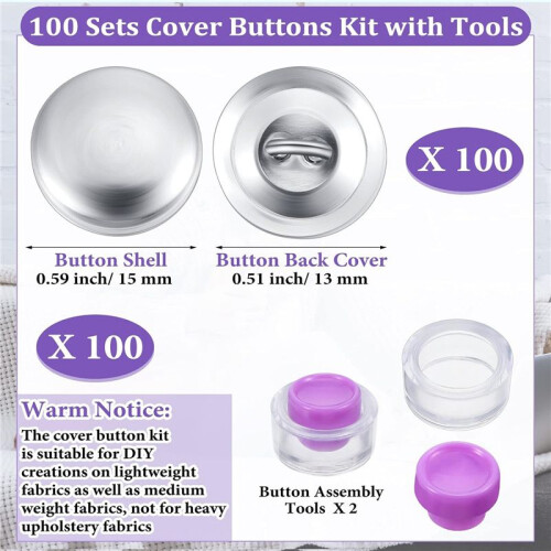 100 Sets Cover Buttons Kit with Tools Size Buttons to Cover Self Cover Buttons DIY Fabric Cloth Cover Buttons 0.59 Inch 2