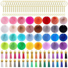 160 PCS Porte-CléS Pom Pom Tassel Set Fluffy Pom Pom Balls Porte-CléS Doré Fausse Fourrure Pom Pom pour Projets DIY, Couleur AléAtoire