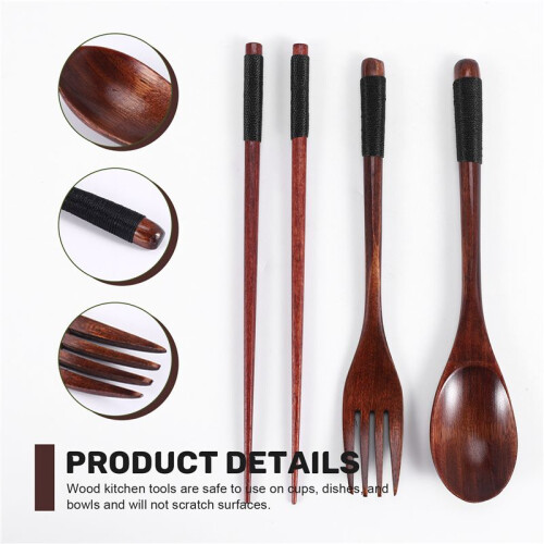 Wooden Flatware Set, Wooden Portable Set Chopsticks Spoon Fork Tableware Dinnerware with Black Twining Thread 2