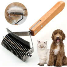 (Wood) 2 in 1 Undercoat Rake for Dogs and Cats, Professional Grooming Brush Dematting & Shedding Comb to Remove Loose Hair, Matted Fur Efficiently,