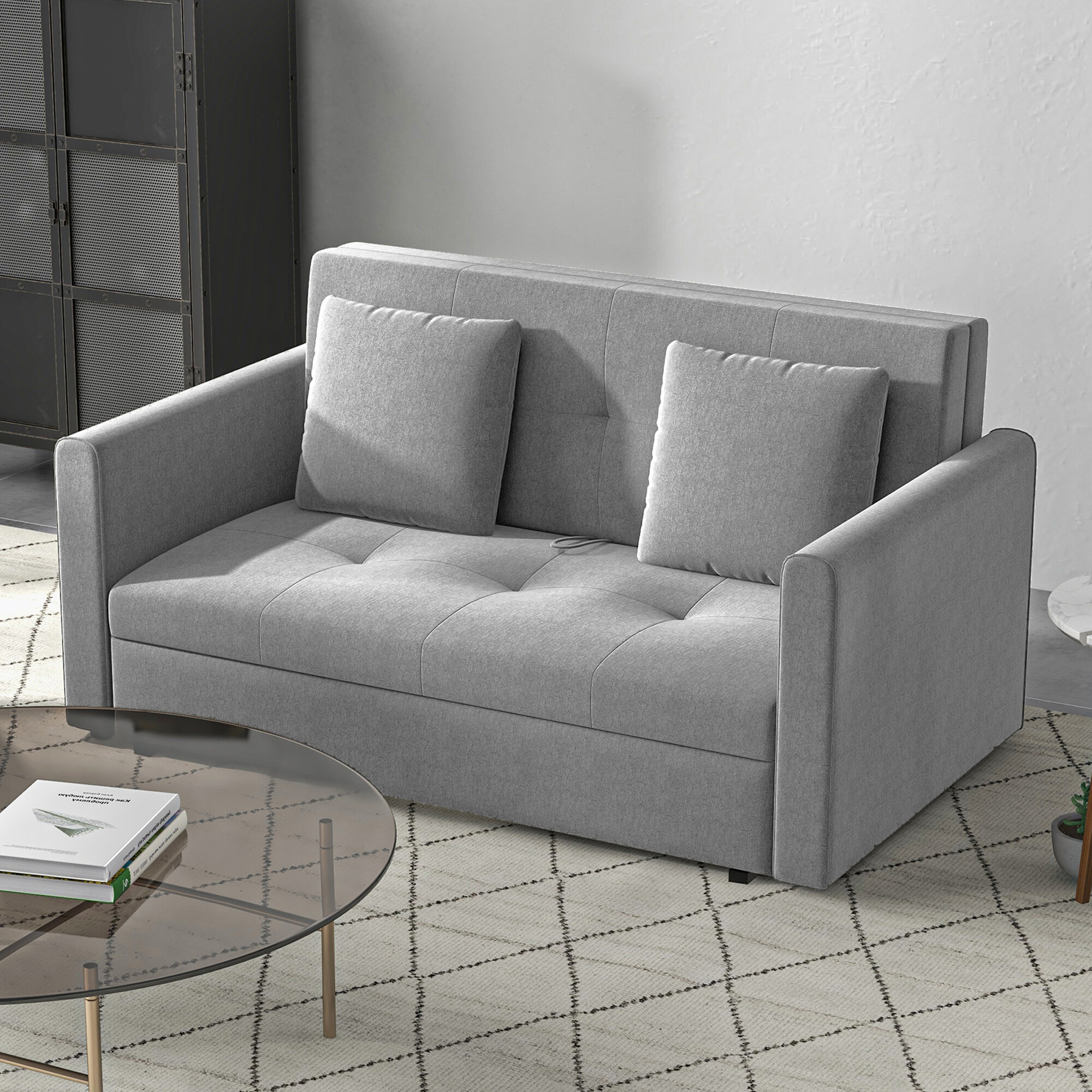 HOMCOM 2 Seater Sofa Bed Convertible Bed Settee w/ 2 Cushions Storage ...