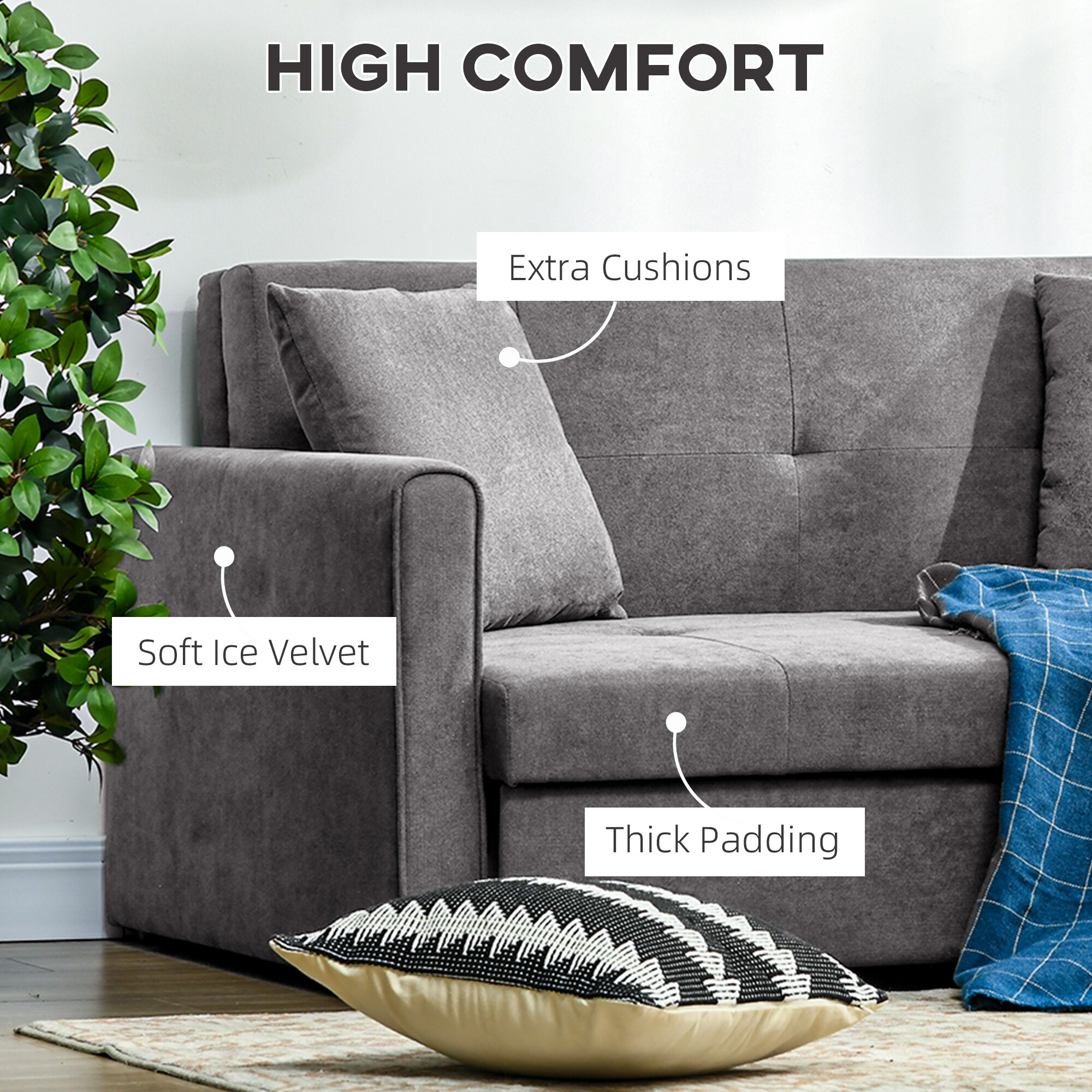 HOMCOM 2 Seater Sofa Bed Convertible Bed Settee w/ 2 Cushions Storage ...