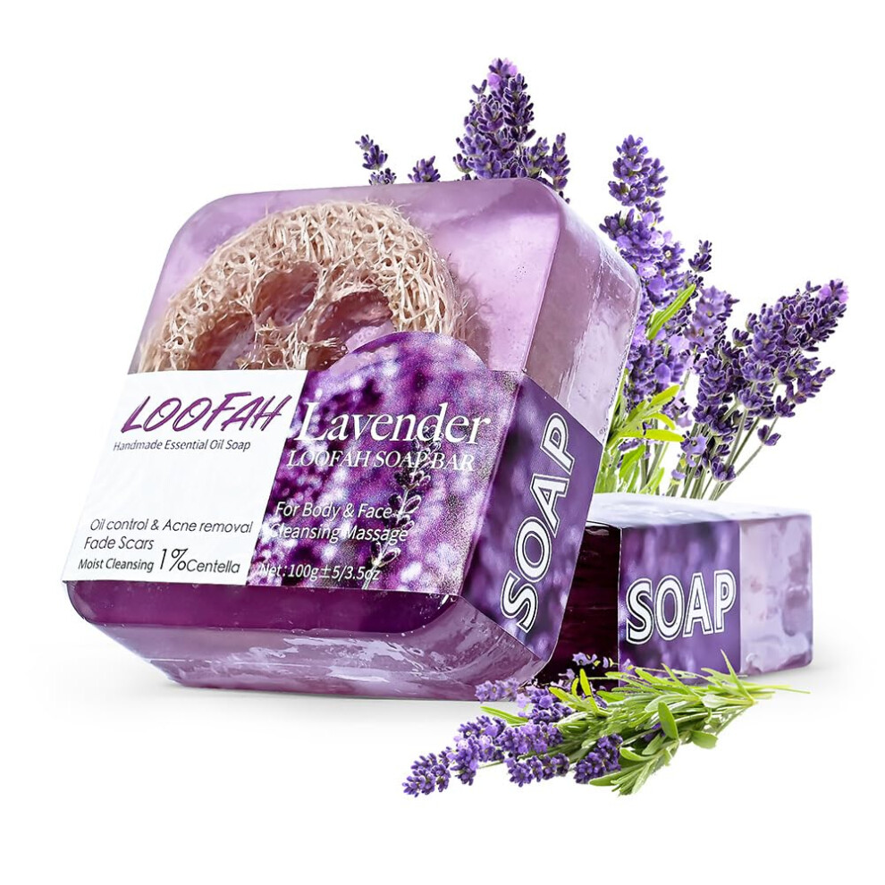 Lavender Loofah Soap Bar With Organic Essential Oil, Gentle Exfoliating, Acne Removal, Fade Scars