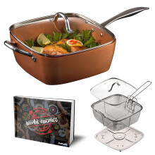 9.5 Inch Square Nonstick Copper Pan 5 Piece Ceramic Cookware Set with Fry Basket and Steamer Tray