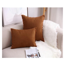 Pillow cover made of soft suede with pompom ball, Brown 35x50cm