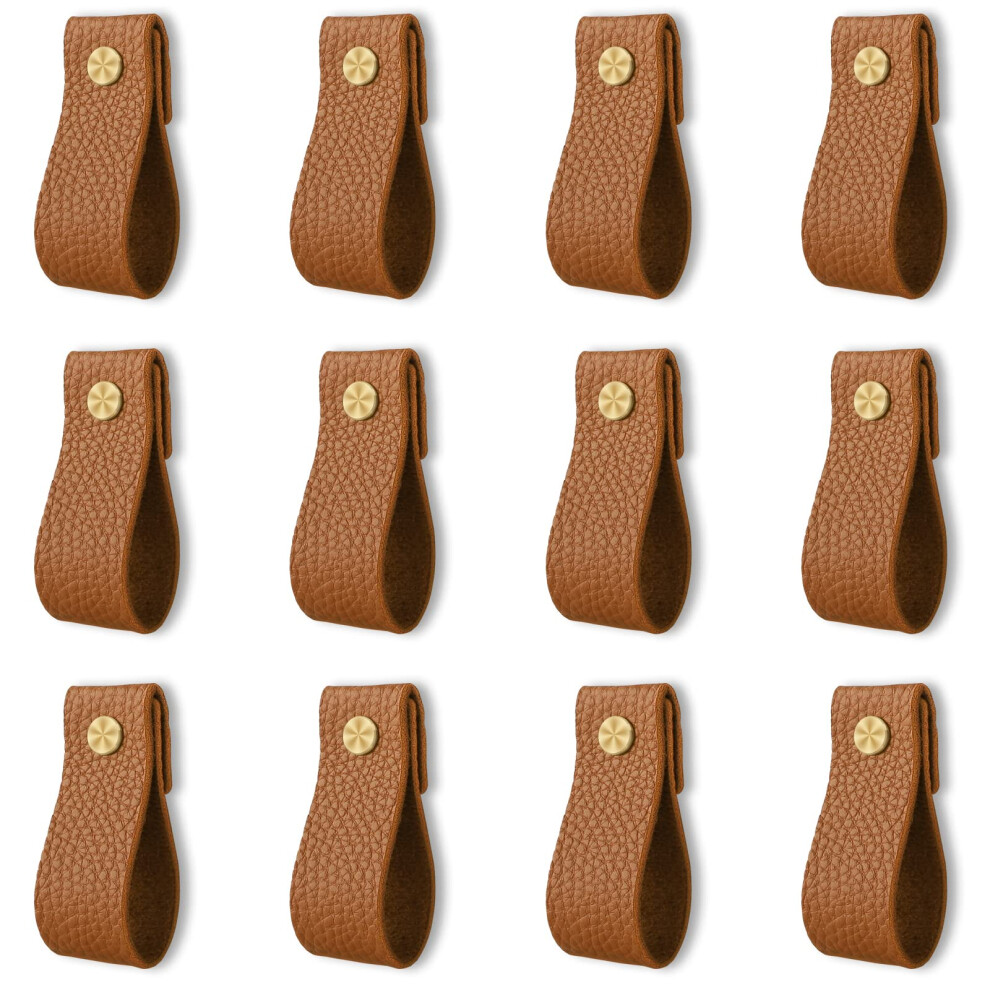 12 Pack Leather Drawer Pulls And Cabinet Handles, Handmade Brown Knobs For Dresser, Closet, Wardrobe 9323874680880