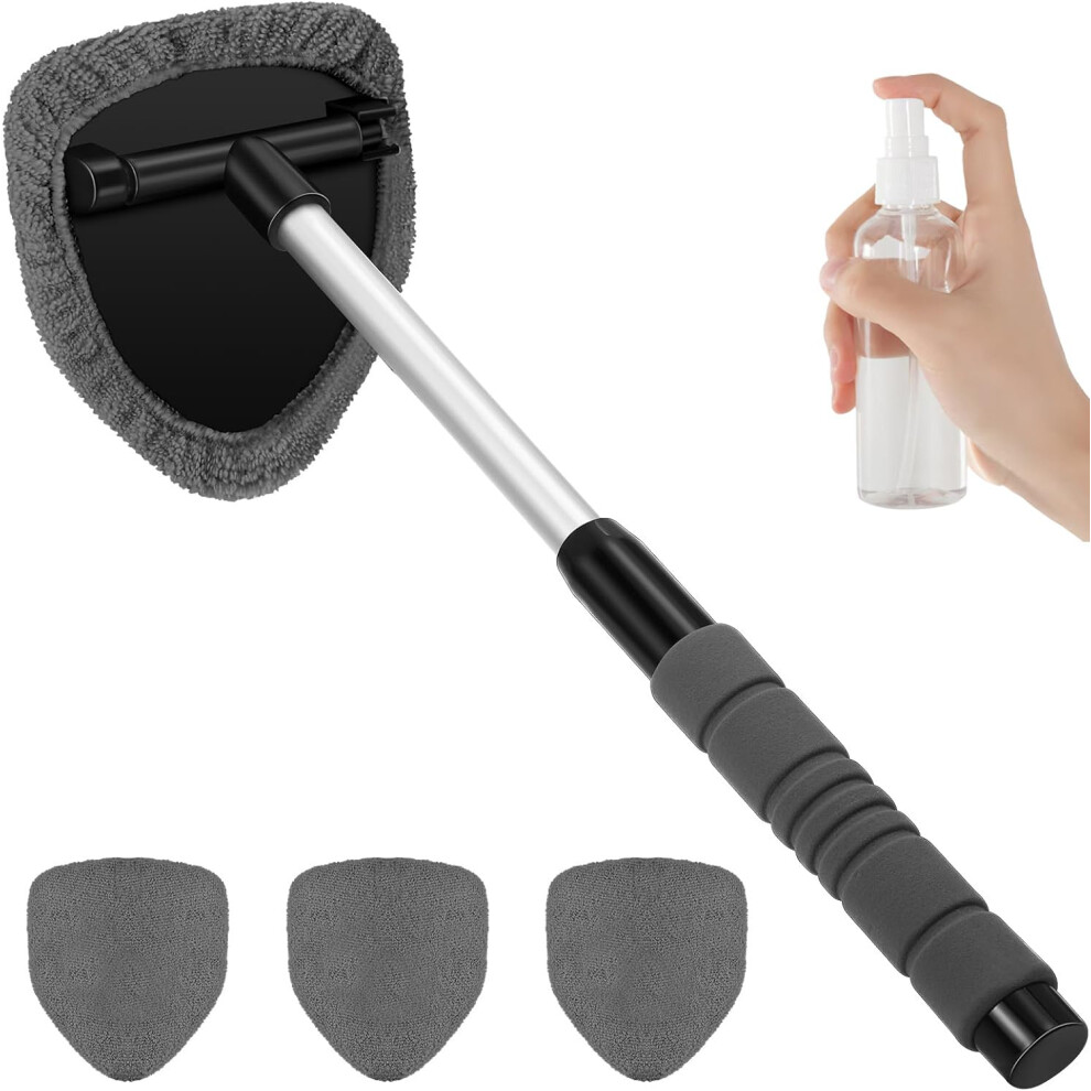 Car Windshield Cleaner With Extendable Aluminum Handle, 180 Swiveled Head And Microfiber Bonnets For Windows, Mirrors And Glass (Gray) Gray 9323874680934