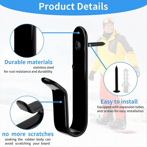 2 Pcs Horizontal Snowboard Wall Racks, Wall Mount Clips Storage Hanger 2
