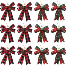 Christmas Bows For Decorating Trees, Windows And Doors, Buffalo Plaid With Snowflake Patterns, Polyester Fabric And Delicate Design, Wired Edges For A