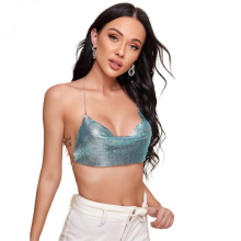 Sparkly Sequins Sexy V-Neck Halter Backless Camisole Body Chain for Women Festival Nightclub Jewelry Sleeveless Tank Top Sky Blue
