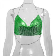 Women Sexy Glitter Sequins Sleeveless Tank Top Halter V-Neck Backless Camisole Body Chain for Nightclub Party Outfit Green