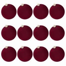 12 x Burgundy Velvet Christmas Tree Baubles Flocked Plastic Hanging Baubles
