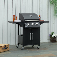 Outsunny 3 Burner Gas Grill Portable Barbecue Trolley with Side Shelves