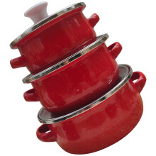 Enamel Cooking Pot Set 3Piece Ceramic Saucepan with Glass Lids for Stovetop and Outdoor Use Red
