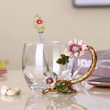 11 Oz Enamel Sunflower Crystal Lead Glass Tea Cup With Spoon Set Sunflower Enamel Glass Tea Cup Gift For Valentine