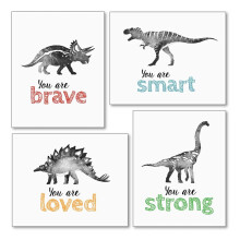 4Pcs Dinosaur Wall Art for Little Boys Room, Baby Nursery Posters, Motivational Kids Playroom Dino Decor, Toddler T-Rex