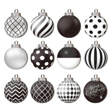 Christmas Baubles Set of 12, Black White Shatterproof Ornaments for Tree