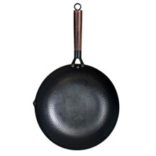 Iron Wok 32cm Hand Forged Carbon Steel with Wooden Handle for Nonstick Traditional Cooking
