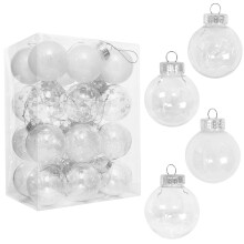 24Piece White Christmas Tree Baubles Set, 6 cm, Plastic Ornaments with Sequ