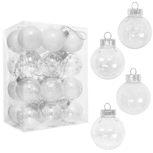 24Piece White Christmas Tree Baubles Set, 6 cm, Plastic Ornaments with Sequ