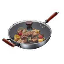 Carbon Steel Wok with Wooden Handle NonCoating NonStick for Induction and Gas Stove