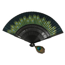 Vintage Chinese opvouwbare handventilator met gevederde hanger-8